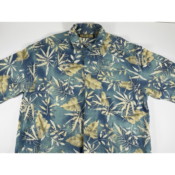 Naturalife Shirt Men's L‎ Large Blue Gold Tropical Hawaiian Linen Cotton Vintage - Picture 1 of 9